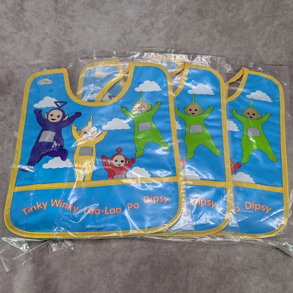 Lot of 3 Vintage 1999 Teletubbies Baby Bibs Ragdoll Crumb Pocket